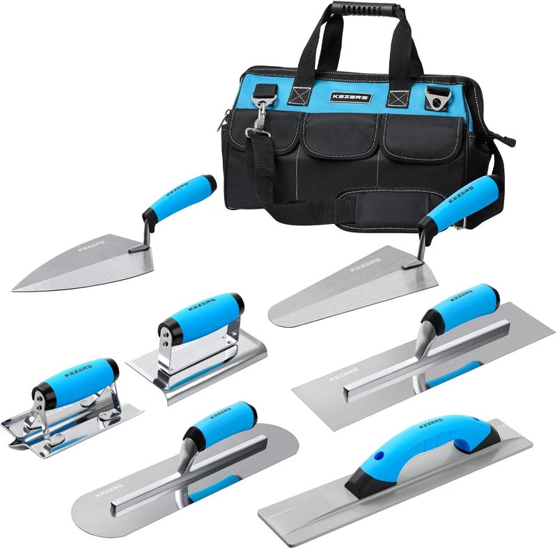 KEZERS 8-in-1 Concrete Finishing Tools Kit: Magnesium Float, Finishing & Pool Trowel, Gauging & Brick Trowel, Concrete Groover & Edger for Masonry, Stucco Repair & Bricklaying - Image 1